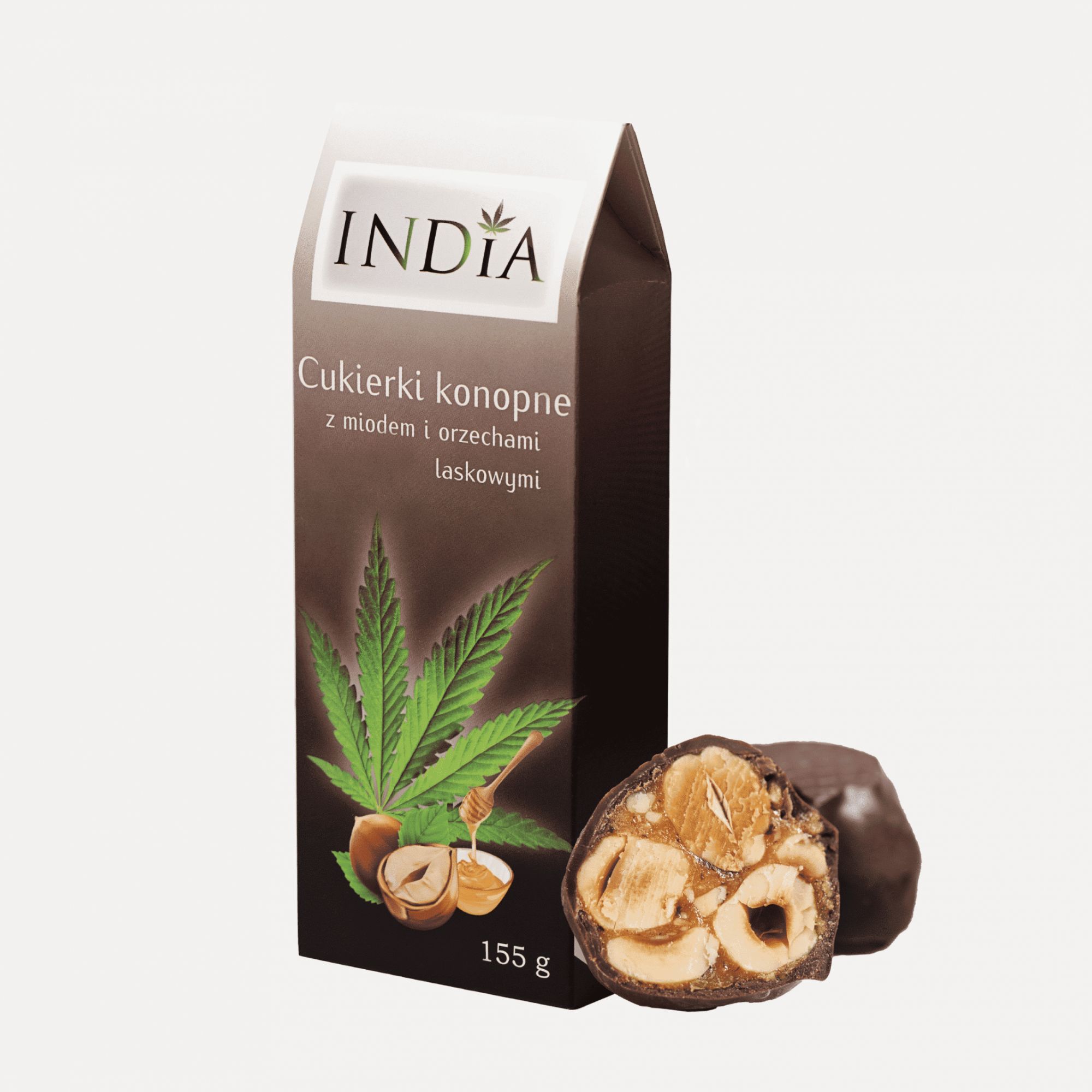 Confiserie au chanvre, au miel et aux noisettes enrobées de chocolat.